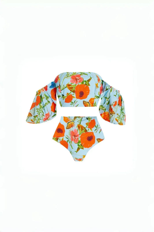 Floral Puff Sleeve High-Waist Bikini Set