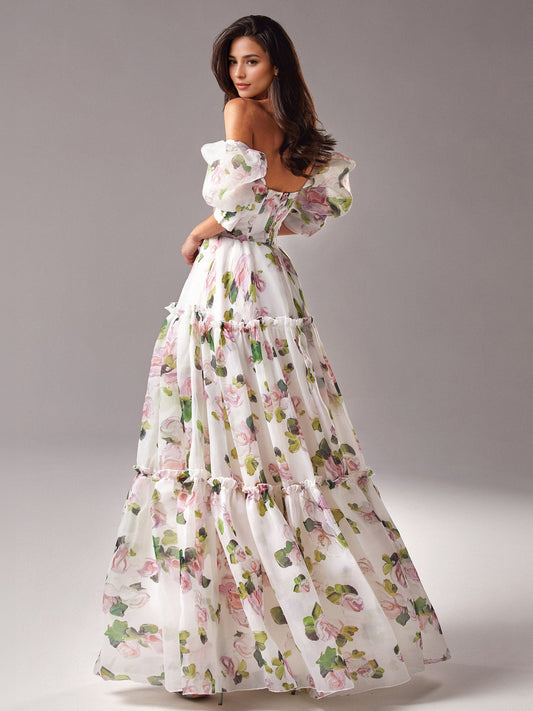 Party Dress Floral Off The Shoulder Tiered A-Line Elegant Prom Maxi Folklore Dresses