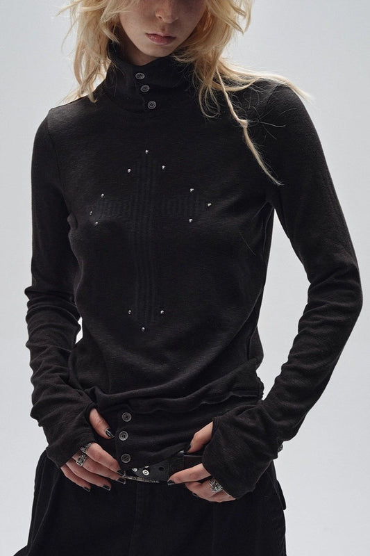 Mock Neck Raw-edge Print Studded Thumbhole Slim Punk Knit Top