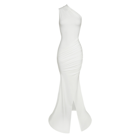 One shoulder ruched slit solid irregular maxi dress | Festival Outfits Women