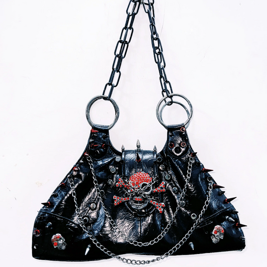 PU leather skull applique metal chain rivet handbag | Festival Outfits Women
