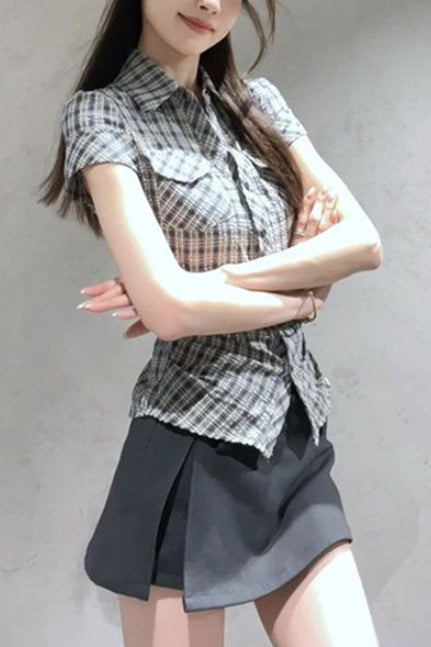 Slim Fit Plaid Short Sleeve Blouse