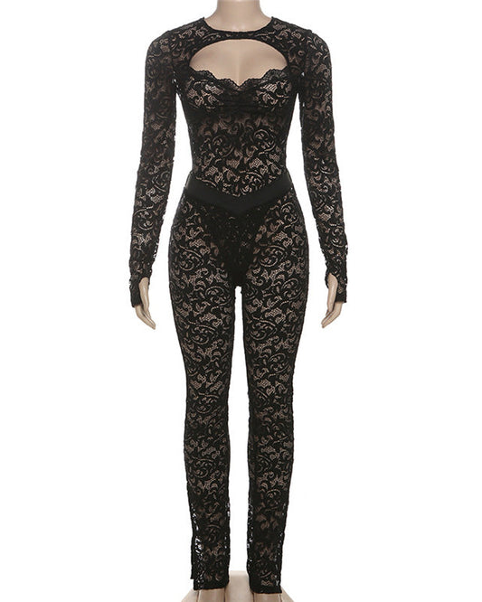 Lace Hollow See-Through Leggings Set