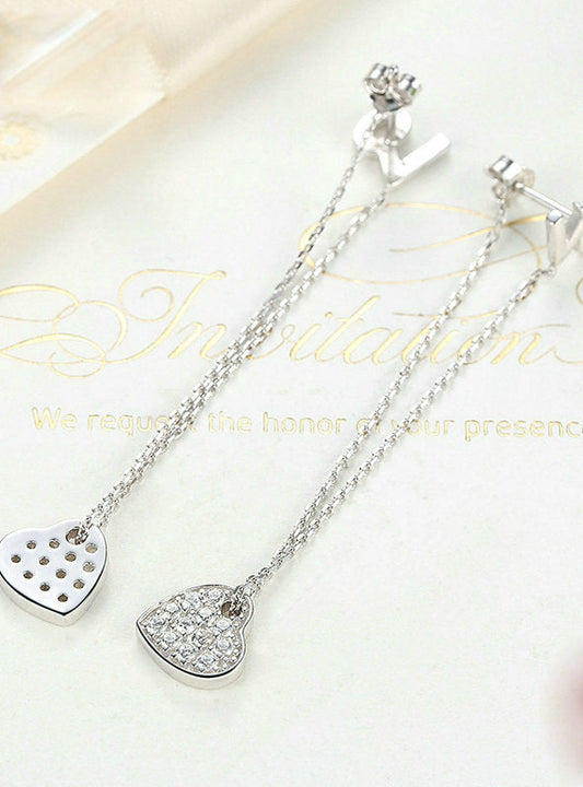 Sterling Silver Heart LOVE Long Earrings 925