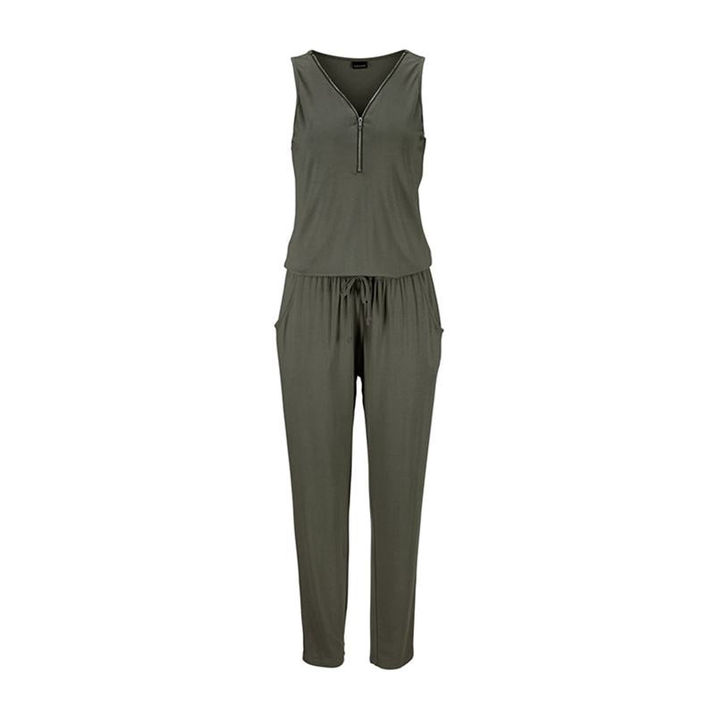 Women Solid Color Sleeveless V Neck Lace-up Waistline Casual Jumpsuits With Zipper
