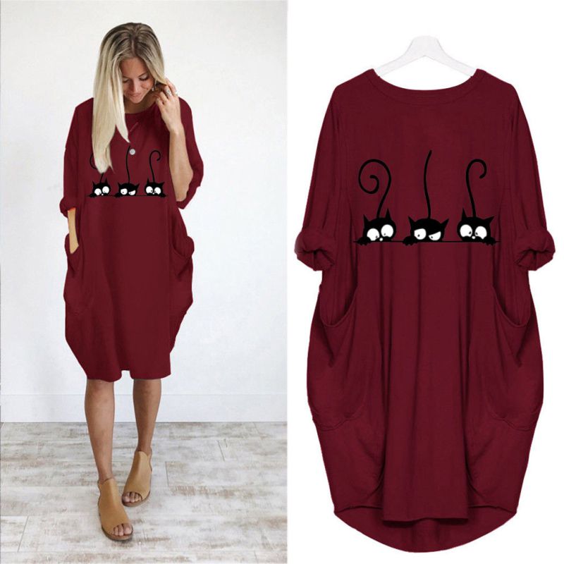 S-5XL Plus Size Women Cartoon Cat Print Round Collar Casual Loose Dress