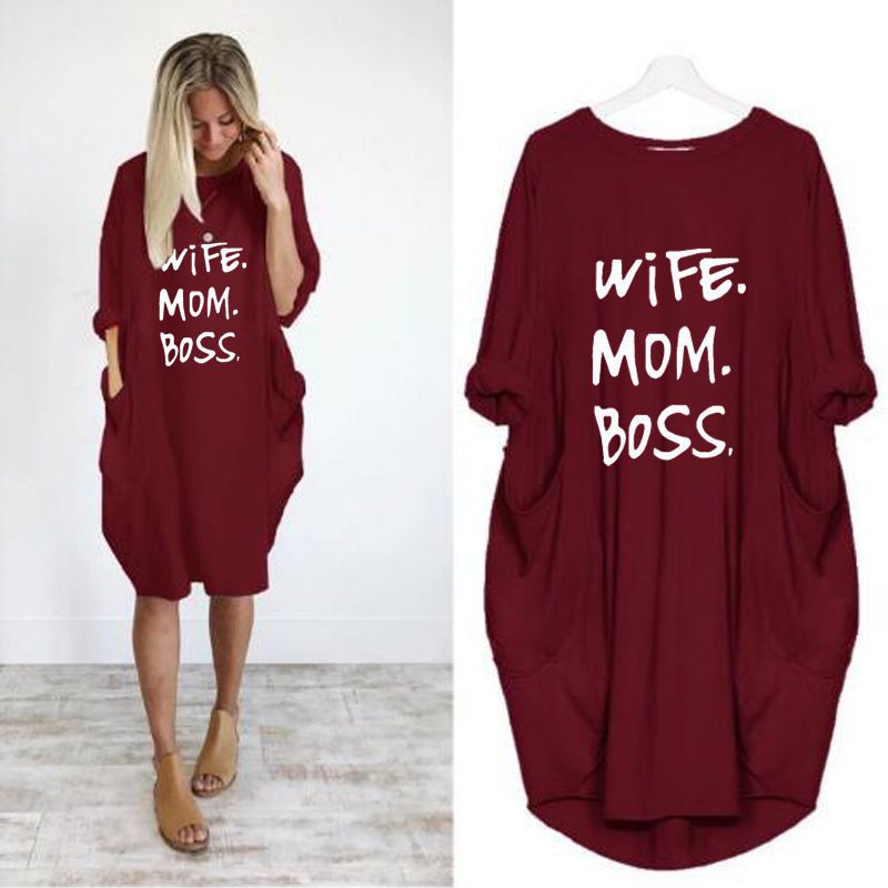 S-5XL Plus Size Women Casual Pocket Design Long Sleeve Dress