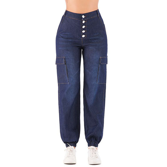 Vaqueros casuales de tiro alto con botonadura sencilla de metal para mujer, tallas S-4XL