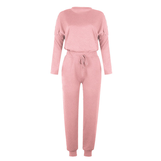 Conjunto informal de dos piezas para mujer, tallas S-XXL, con top y pantalón de manga larga y escote redondo en color liso
