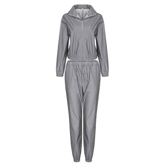 Conjuntos de dos piezas sexys reflectantes de abrigo deportivo de manga larga y pantalones casuales para mujer tallas S-3XL