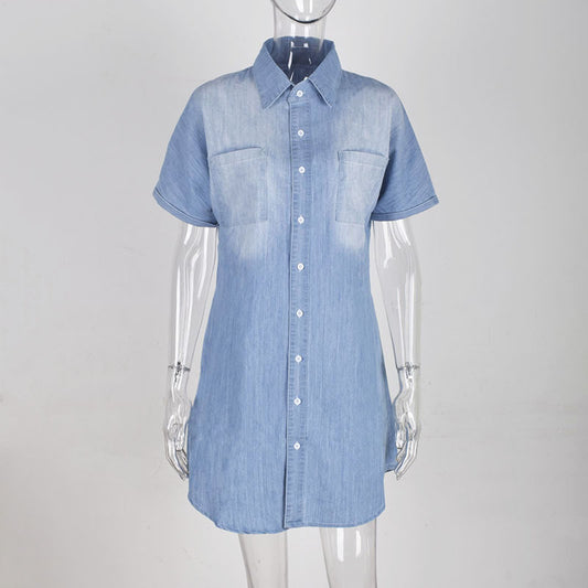 S-XL Lapel Short-sleeve Single-breasted Casual Shirt Dress