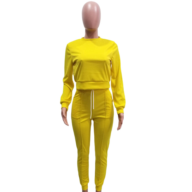Conjuntos casuales de dos piezas de color liso, top y pantalón de manga larga con cuello redondo, tallas S-XXL