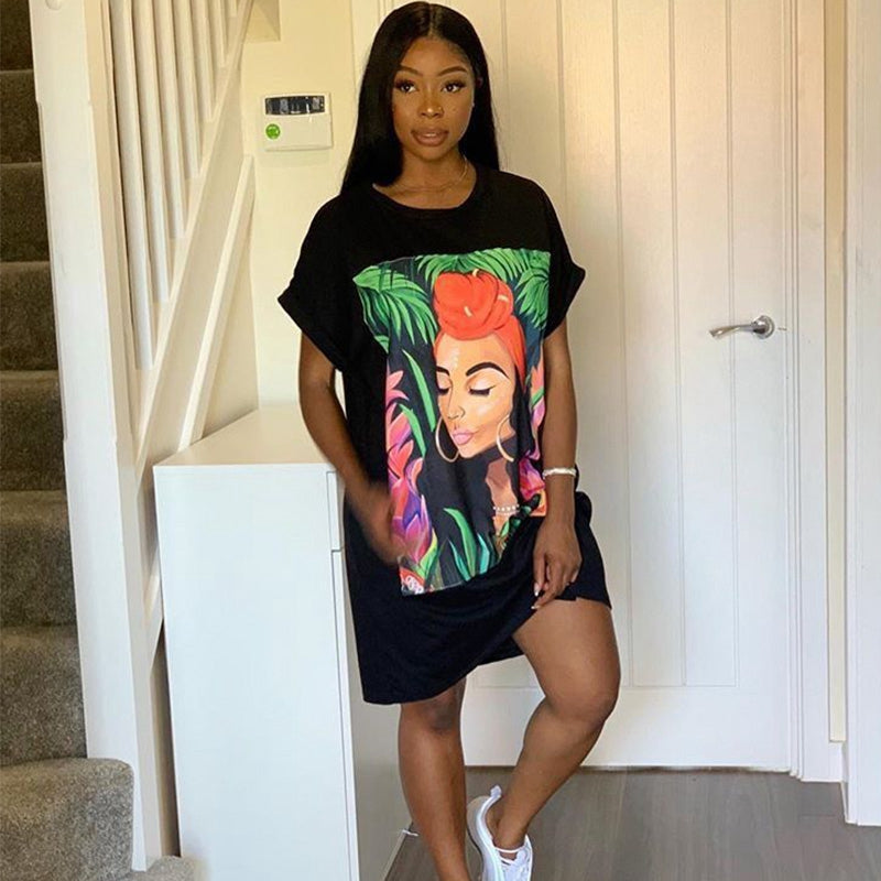 S-XXL Fashion Graphic Print Round Collar Short-sleeve Casual Dress