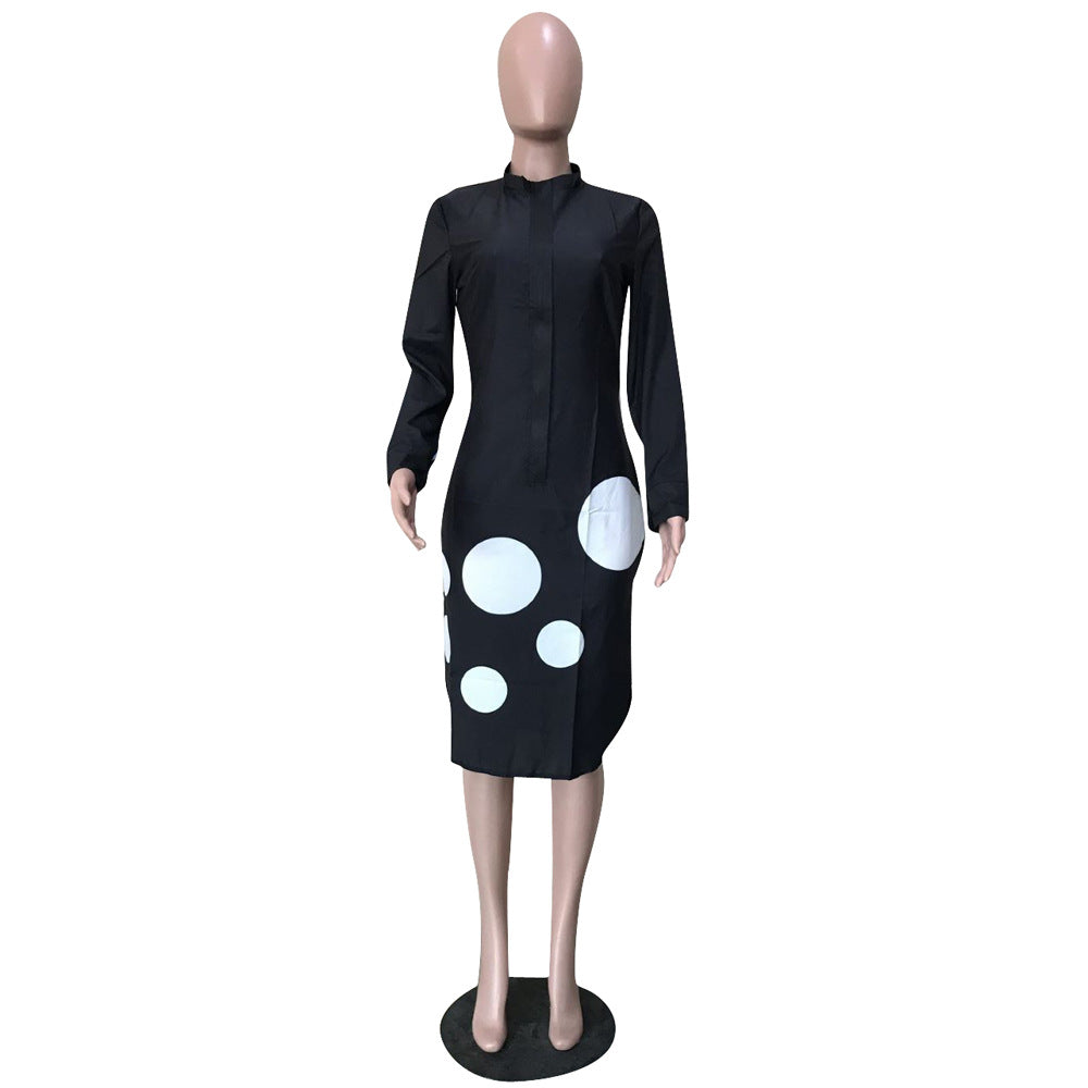 S-XXL Round Neckline Long-sleeve Polka Dot Midi Casual Dress