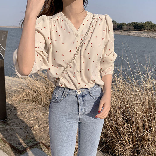 Blusa informal con cuello en V y estampado de corazones para mujer tallas S-XXL