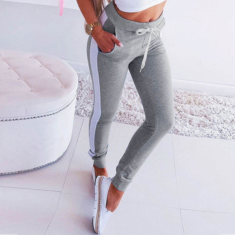 S-XL Women Color Blocking Lace-up Casual Jogger Pants