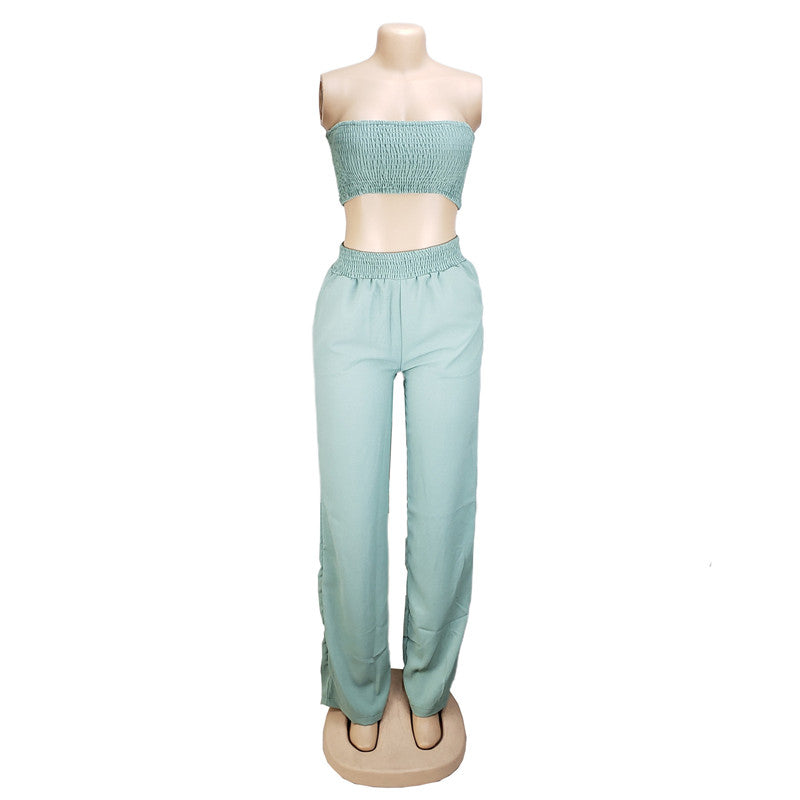 Conjunto de dos piezas de top y pantalón casual elástico para mujer tallas S-2XL