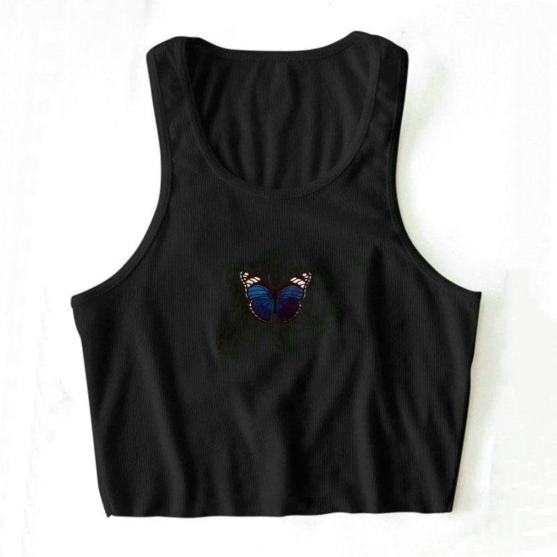 S-L Women Casual Rib-knit Butterfly Print Cropped Tank Top
