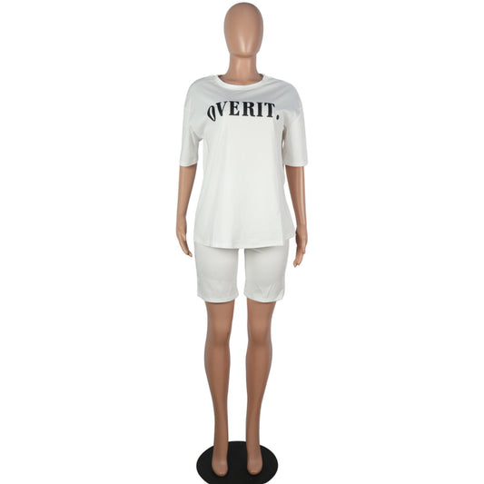 S-XXL 2 Pcs/sets Women Casual Letter Print Short-sleeve Tee And Tight Shorts