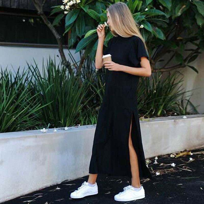 S-XL Women Solid Color Round Collar Short-sleeve Side-slit Casual Dress