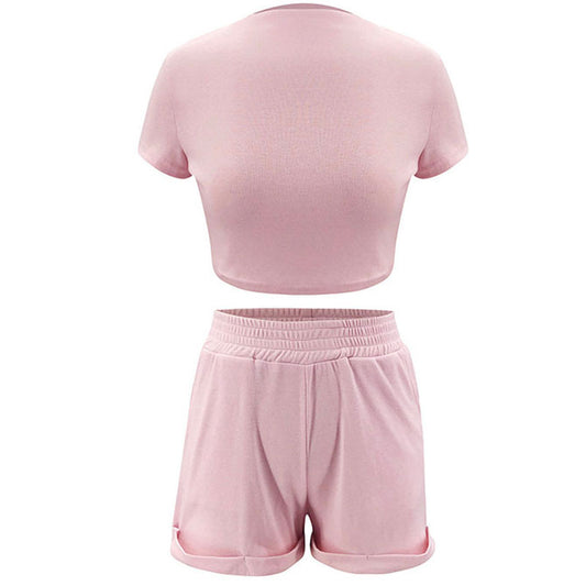 Conjunto de dos piezas de top corto informal de manga corta y pantalones cortos de patchwork con efecto rizado en color liso tallas S-XL