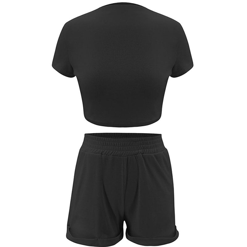 S-XL Solid Color Casual Short-sleeve Crop Top And Curling Patchwork Shorts Two-piece Sets