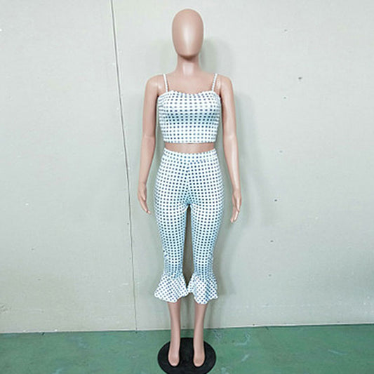 Conjuntos de dos piezas para mujer, tallas S-XL, con top corto con estampado de cuadros y pantalones con volantes
