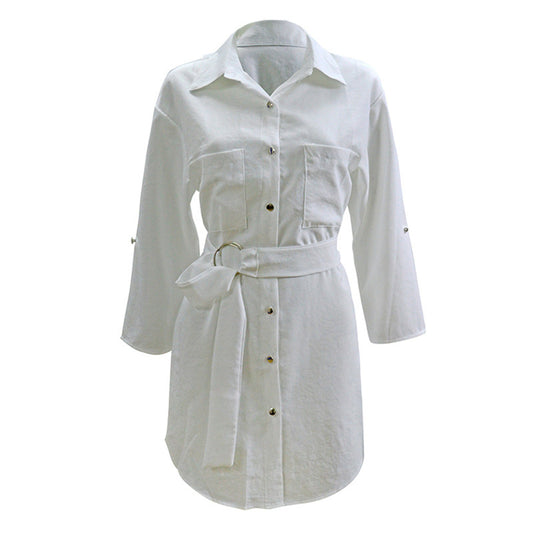 S-3XL Women Casual V Neck Long-sleeve Buttoned Shirt Mini Dress
