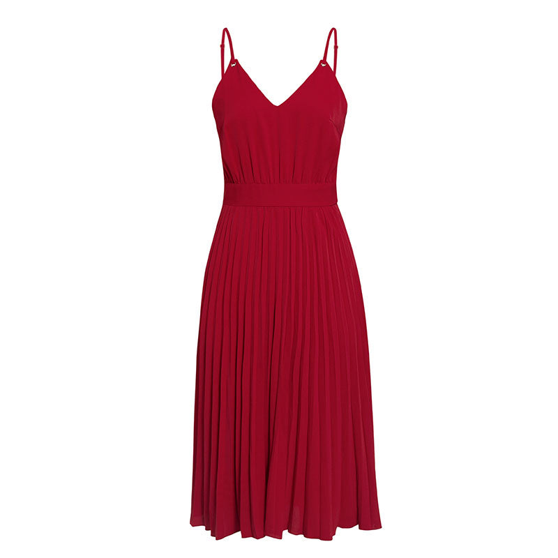 S-XL Sexy Sleeveless V-neck Pleated Casual Dress