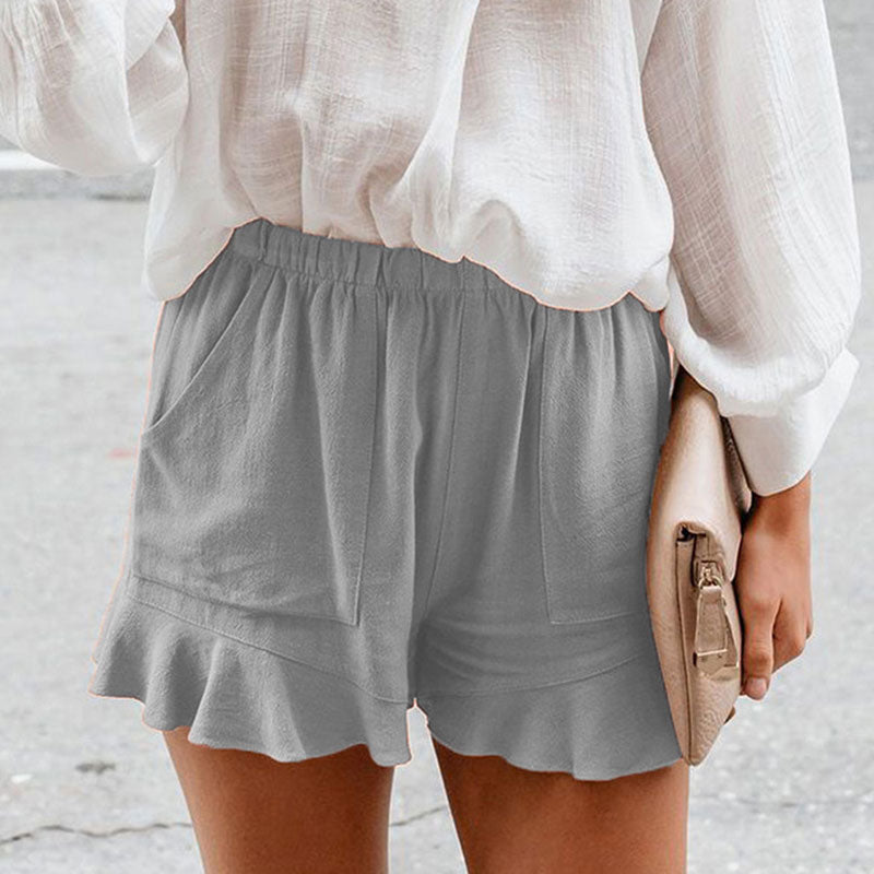 S-5XL Women Solid Color Elastic Waist Ruffle Casual Shorts