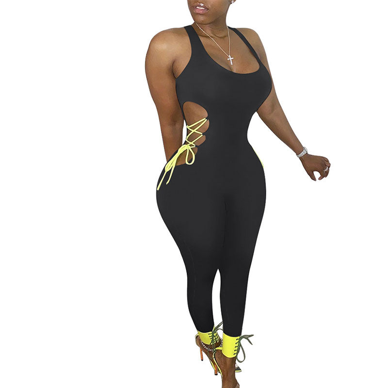 S-3XL Women Casual Contrast Bandage Patchwork Sports Jumpsuits