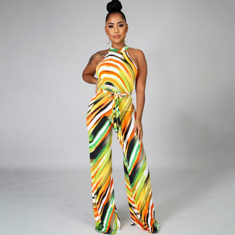 S-XL Women Casual Multicolor Halter Neck Sleeveless Lace-up Jumpsuit