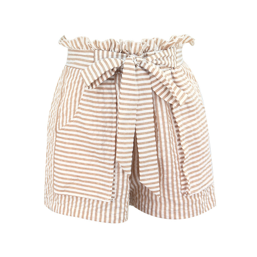 XS-L Women Casual High-waisted Striped Pocket Design Shorts