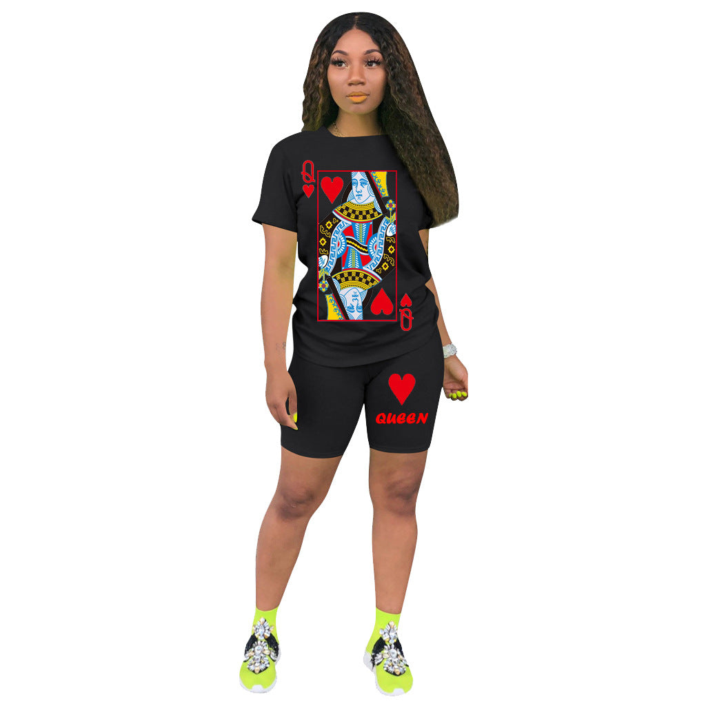 Conjuntos de dos piezas para mujer, informales, con cuello redondo, estampado de póker, manga corta y pantalones cortos, tallas S-3XL