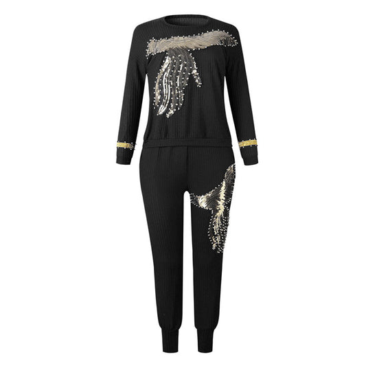 Conjunto de dos piezas con top holgado y pantalones casuales de manga larga con lentejuelas de fénix, tallas M-3XL