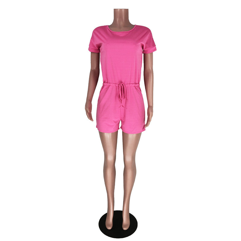 S-XL Woman Cute Casual Solid Color Drawstring Rompers