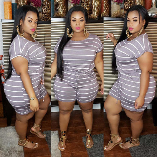 XL-5XL Women Plus Size Casual Stripe Print Rompers