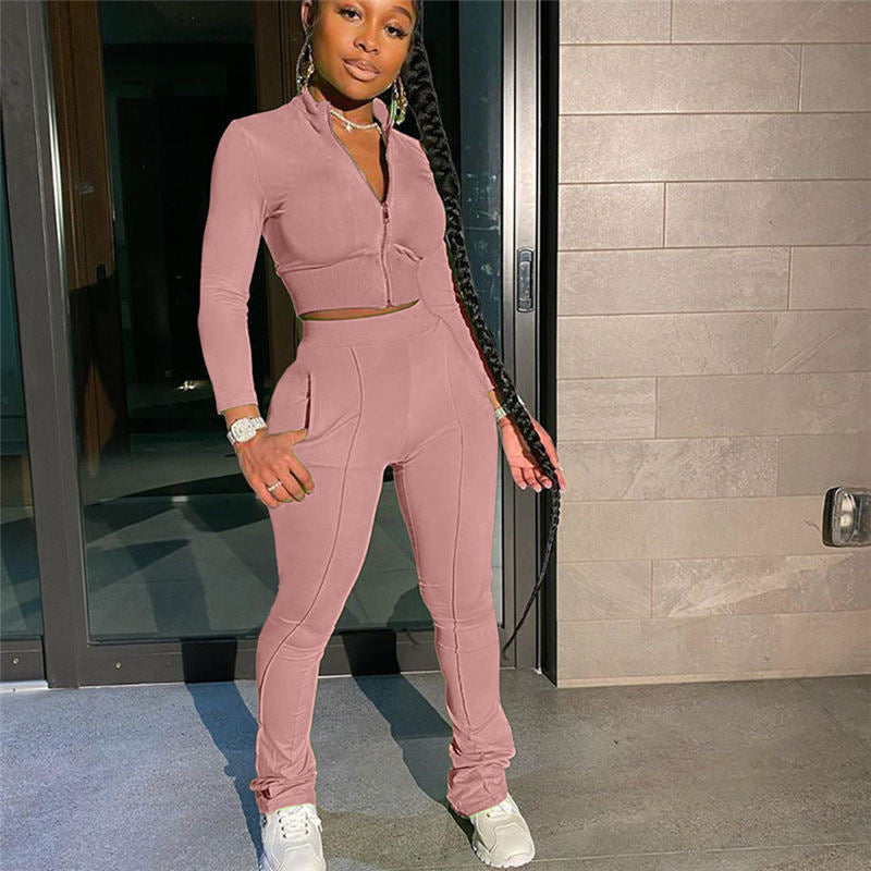 S-2XL Women Casual Solid Color Long Sleeve Top And Pant Sports Two Piece Set