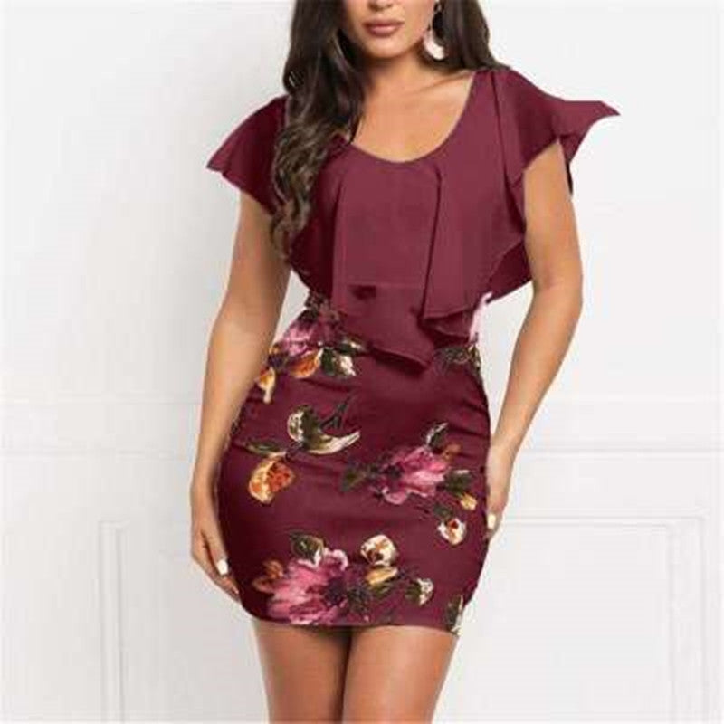 S-4XL Women Casual Flower Printing Ruffled Casual Dress