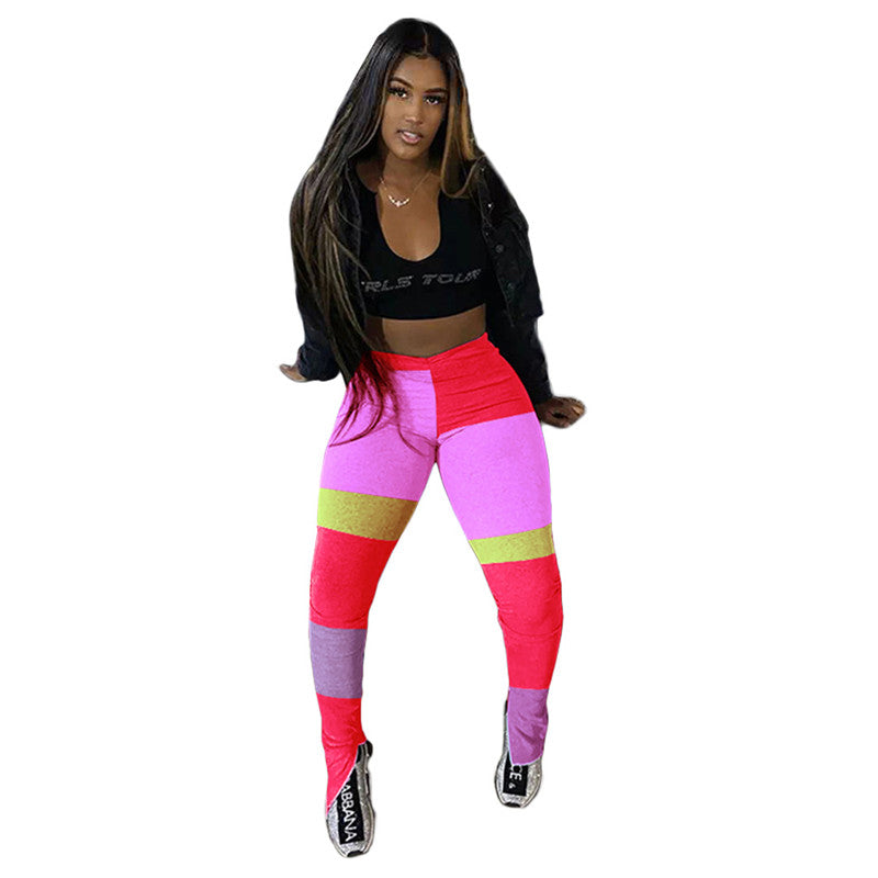 S-XXL Women Casual Contrast Color Patchwork Side Slit Pants