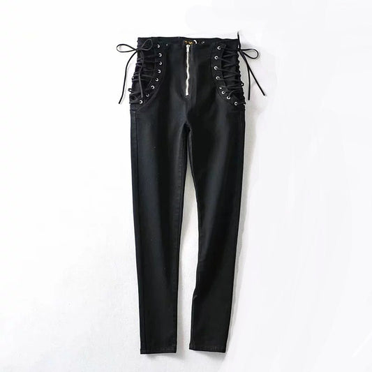 Vaqueros ajustados y ajustados con cordones laterales y cintura alta para mujer