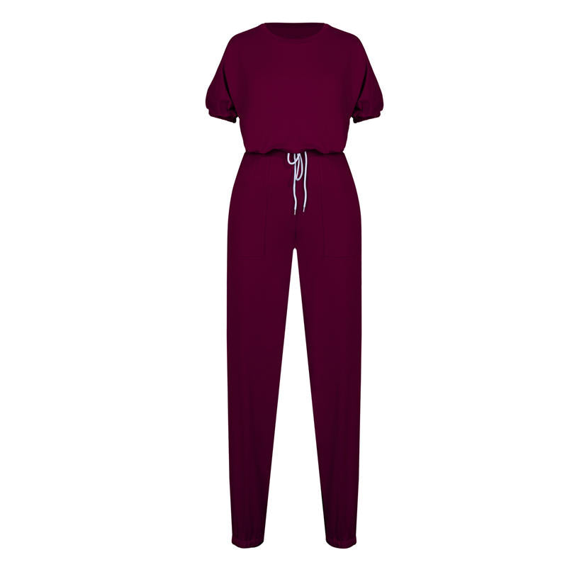 S-XL Women Casual Solid Color Short Sleeve Top And Drawstring Waist Pants Two Piece Set