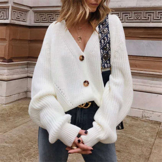 S-XL Women Casual V-Neck Buttoned Lantern Sleeve Sweater