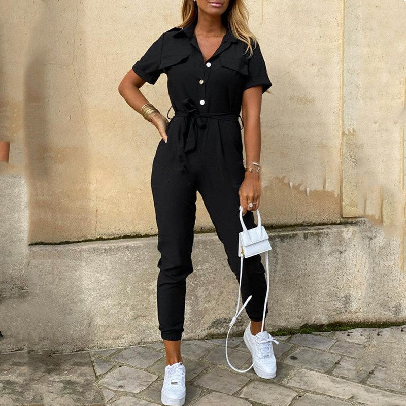 S-XXL Women Casual Lapel Short Sleeve High Waist Striped Jumpsuits