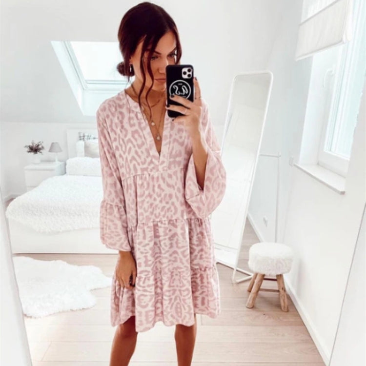Vestido informal con cuello en V y estampado de leopardo y mangas farol para mujer tallas S-XXL