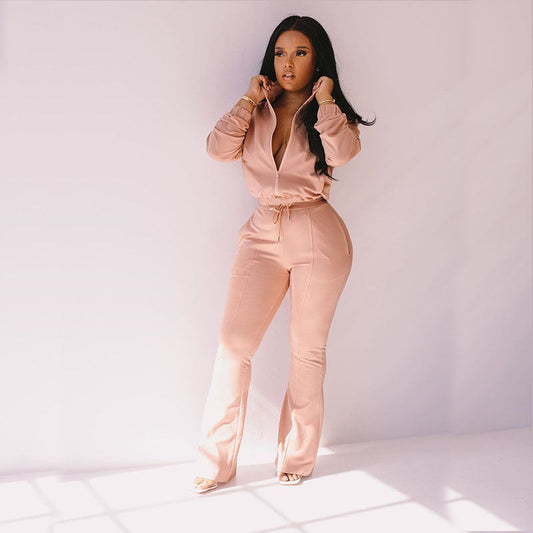 S-2XL Women Casual Solid Color Zipper Sweatshirt And Pants Two Piece Set