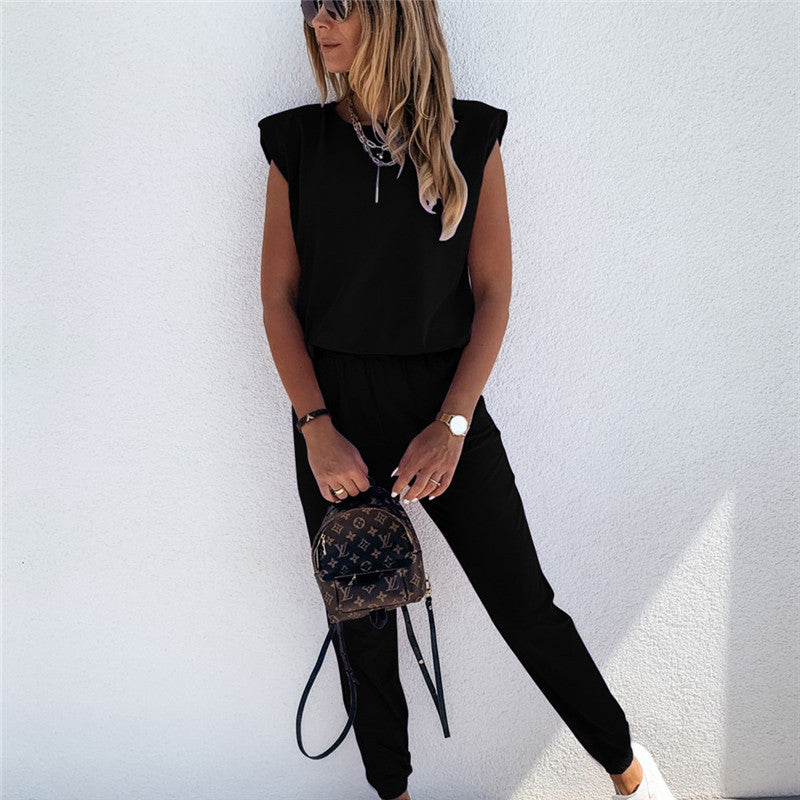 Conjunto de dos piezas de top y pantalón sin mangas de color liso informal para mujer tallas S-XL