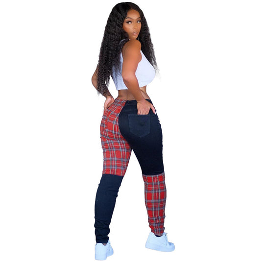 Pantalones casuales de patchwork de colores contrastantes de moda para mujer tallas S-XXL