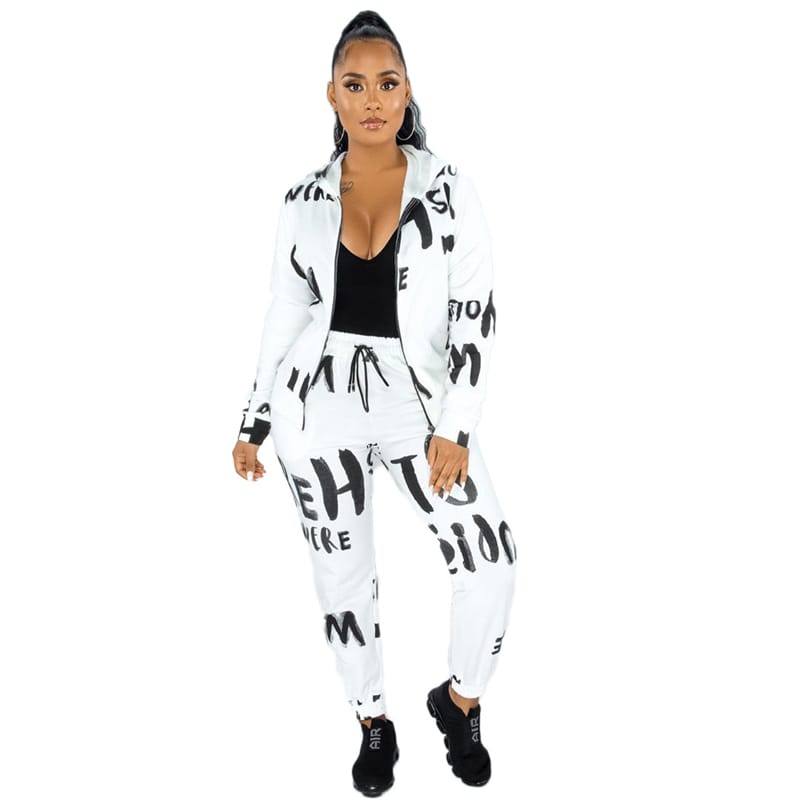 Conjunto de dos piezas de abrigo y pantalón con capucha y estampado de letras informales para mujer tallas S-XL