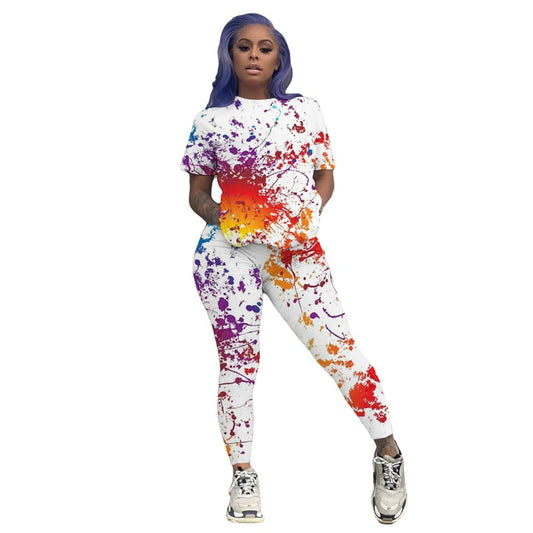Conjunto de dos piezas de top y pantalón de manga corta con estampado gráfico informal para mujer tallas S-3XL